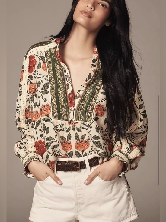 FARM Rio Tops - Farm Rio Garden Tapestry Sand Boho Floral Blouse Large NWT